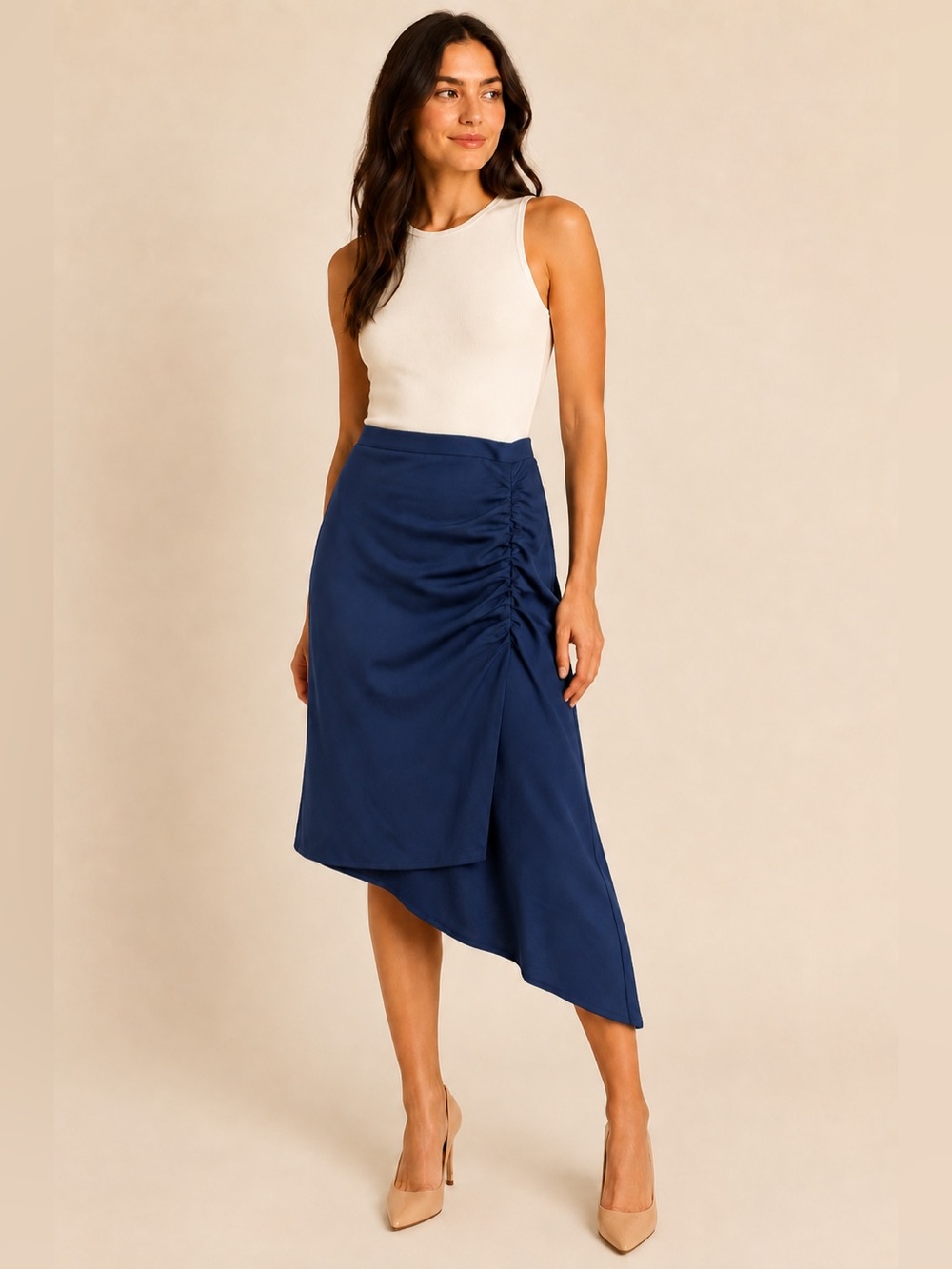 The Drop Navy Blue Ruched Asymmetrical Midi Skirt Women’s Size L
